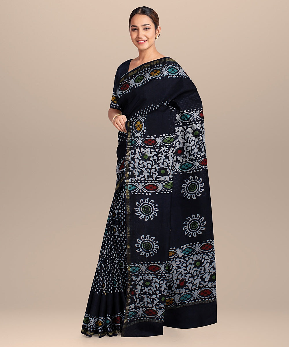black offwhite cotton silk hand printed chanderi saree
