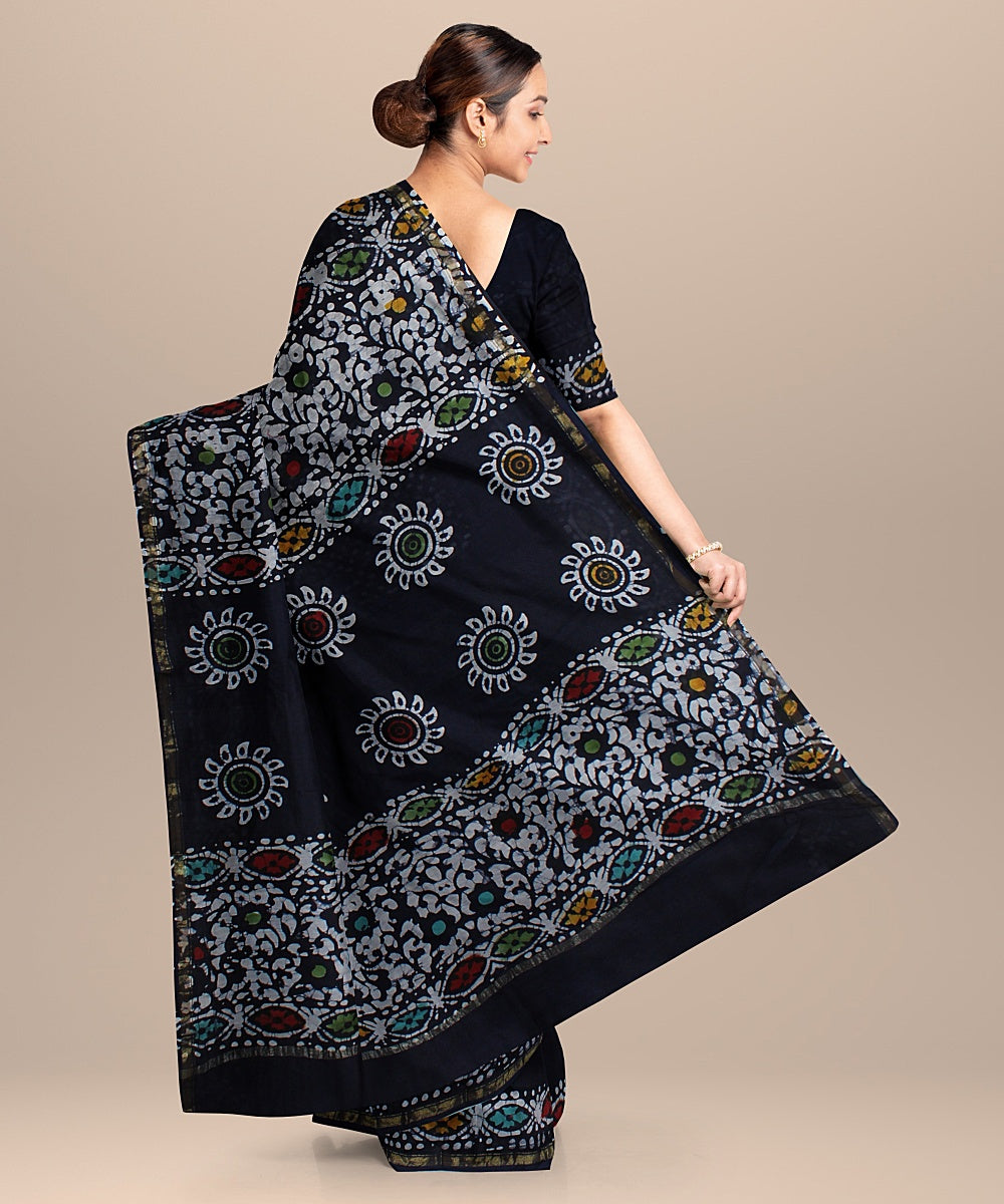 black offwhite cotton silk hand printed chanderi saree