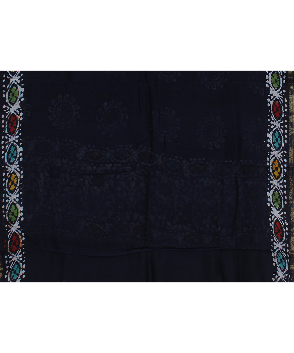 black offwhite cotton silk hand printed chanderi saree