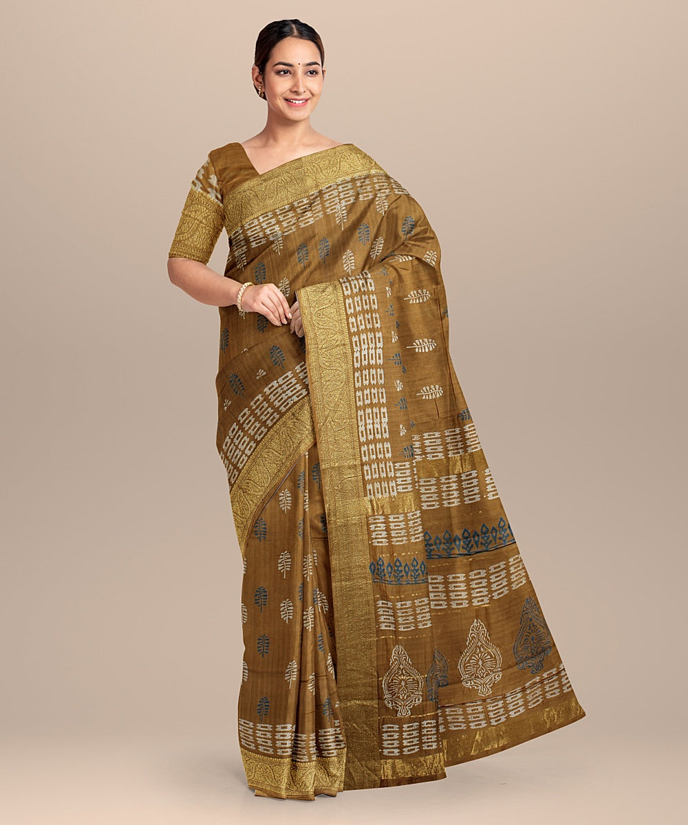 mustard black cotton silk hand printed chanderi saree