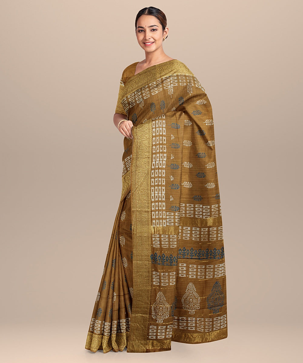 mustard black cotton silk hand printed chanderi saree