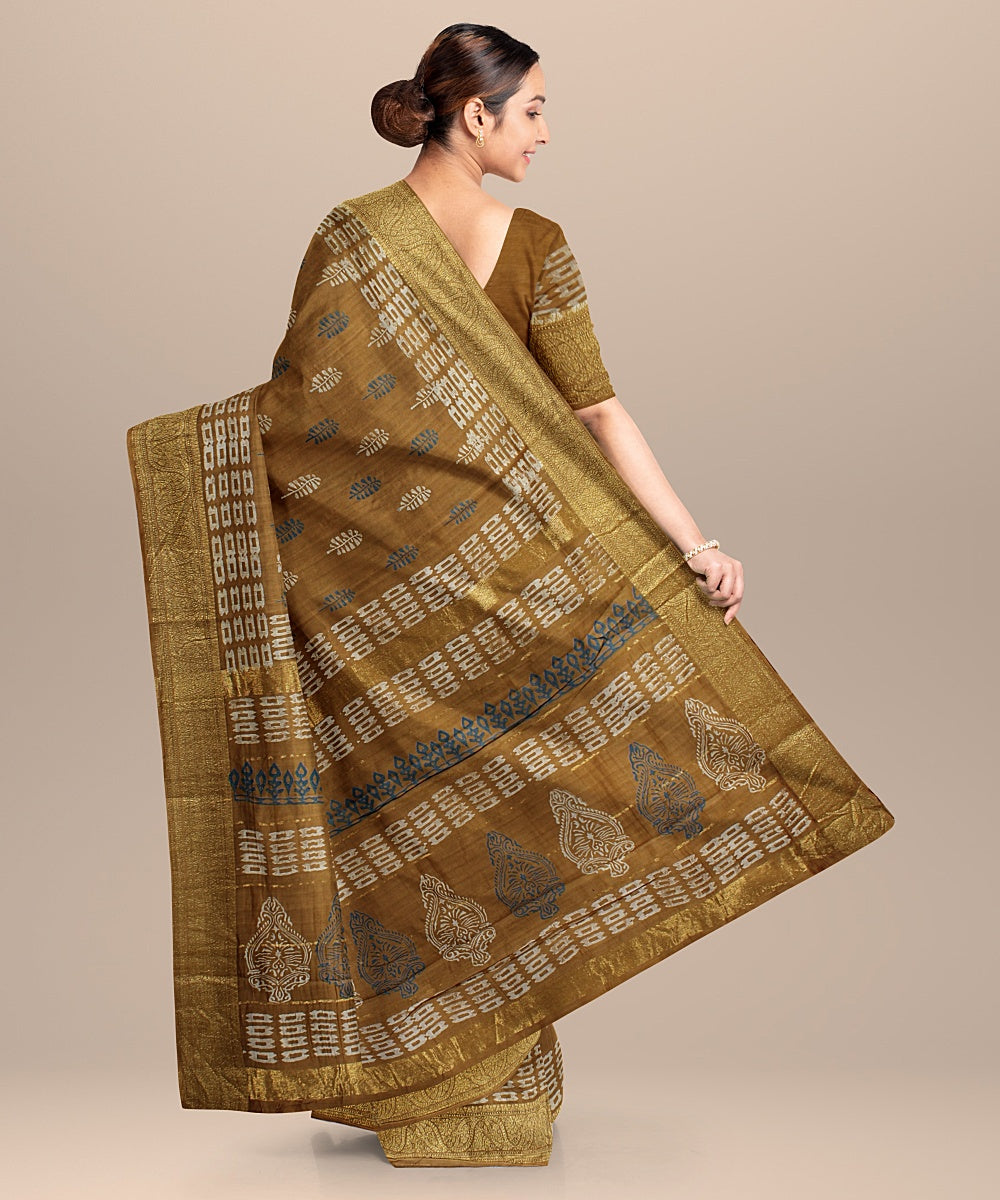 mustard black cotton silk hand printed chanderi saree