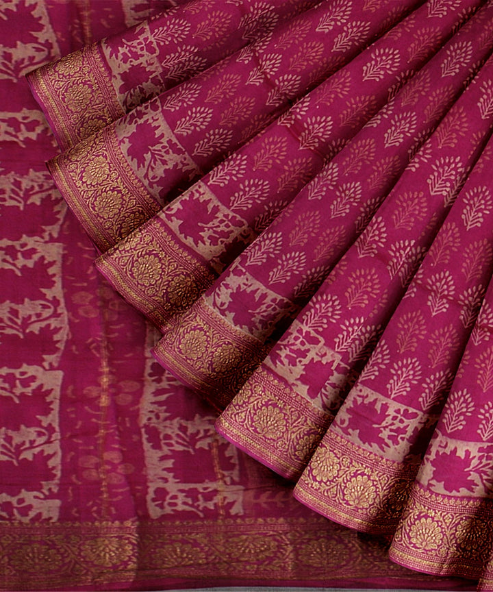 pink cotton silk hand printed chanderi saree