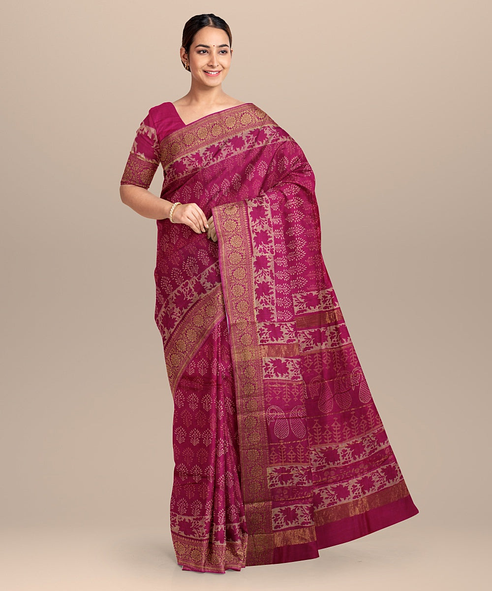 pink cotton silk hand printed chanderi saree