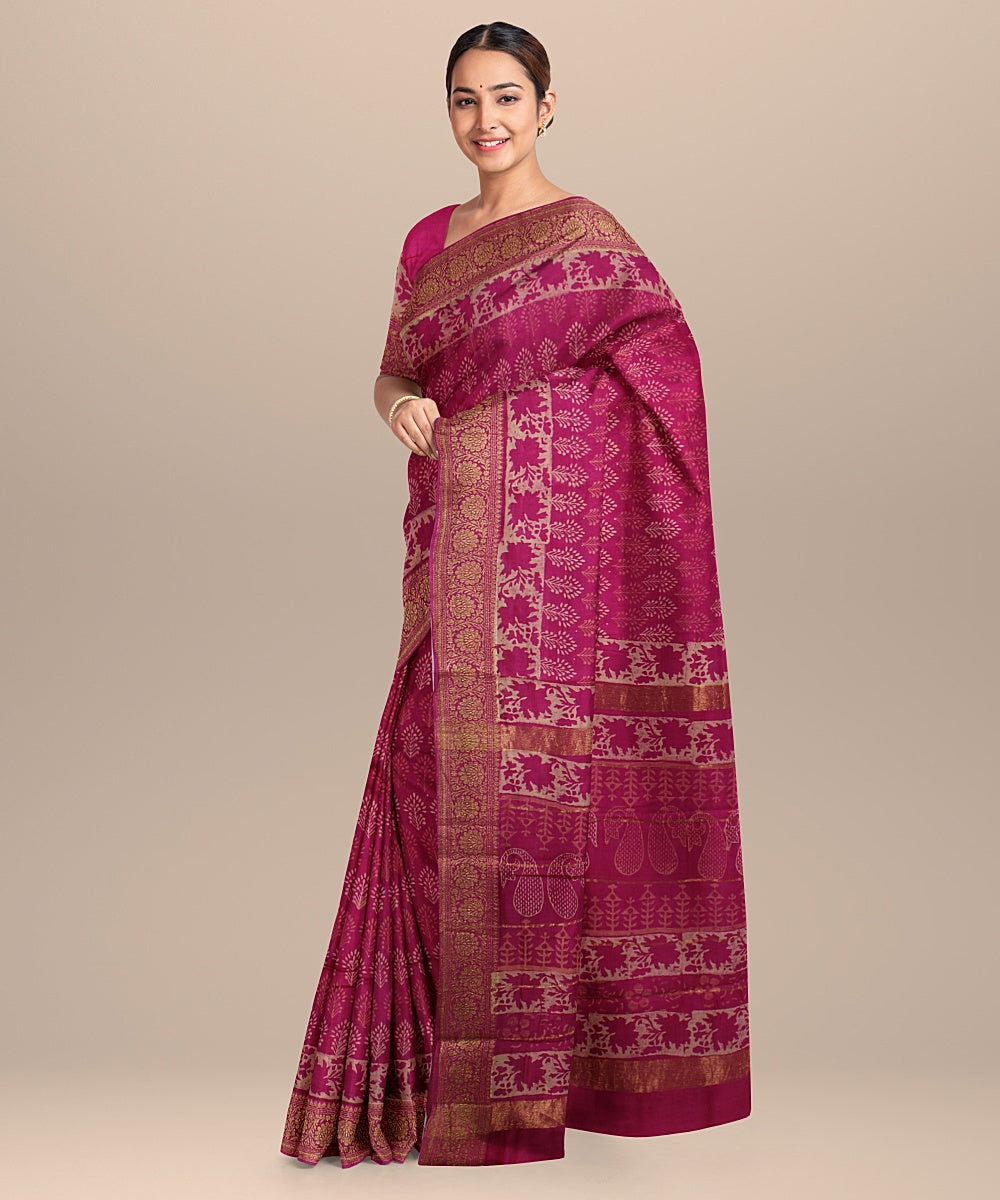 pink cotton silk hand printed chanderi saree