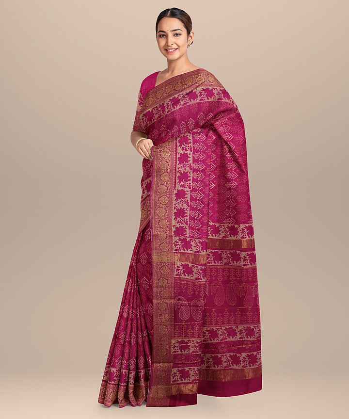 pink cotton silk hand printed chanderi saree