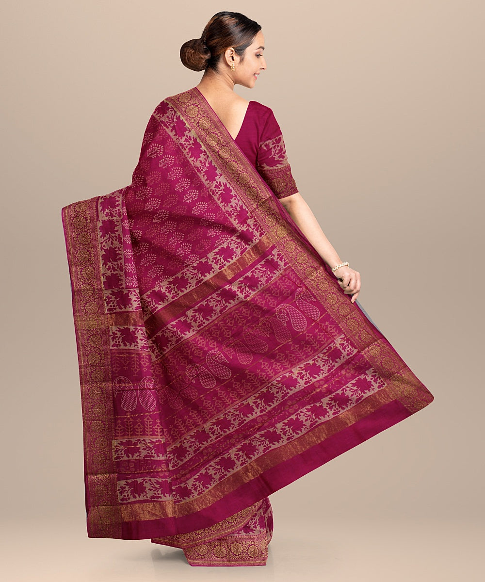 pink cotton silk hand printed chanderi saree