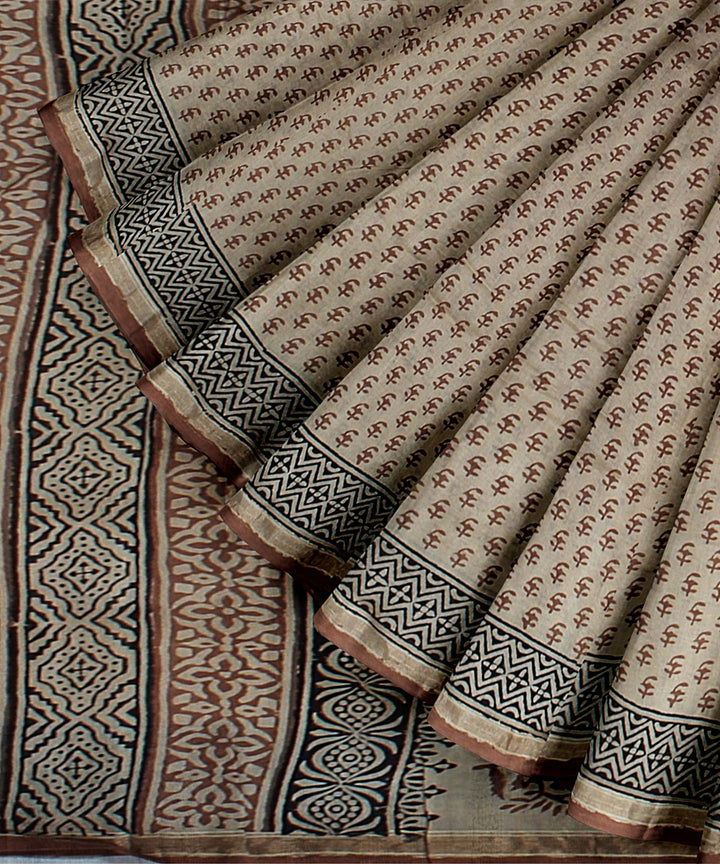 beige black cotton silk chanderi hand printed saree