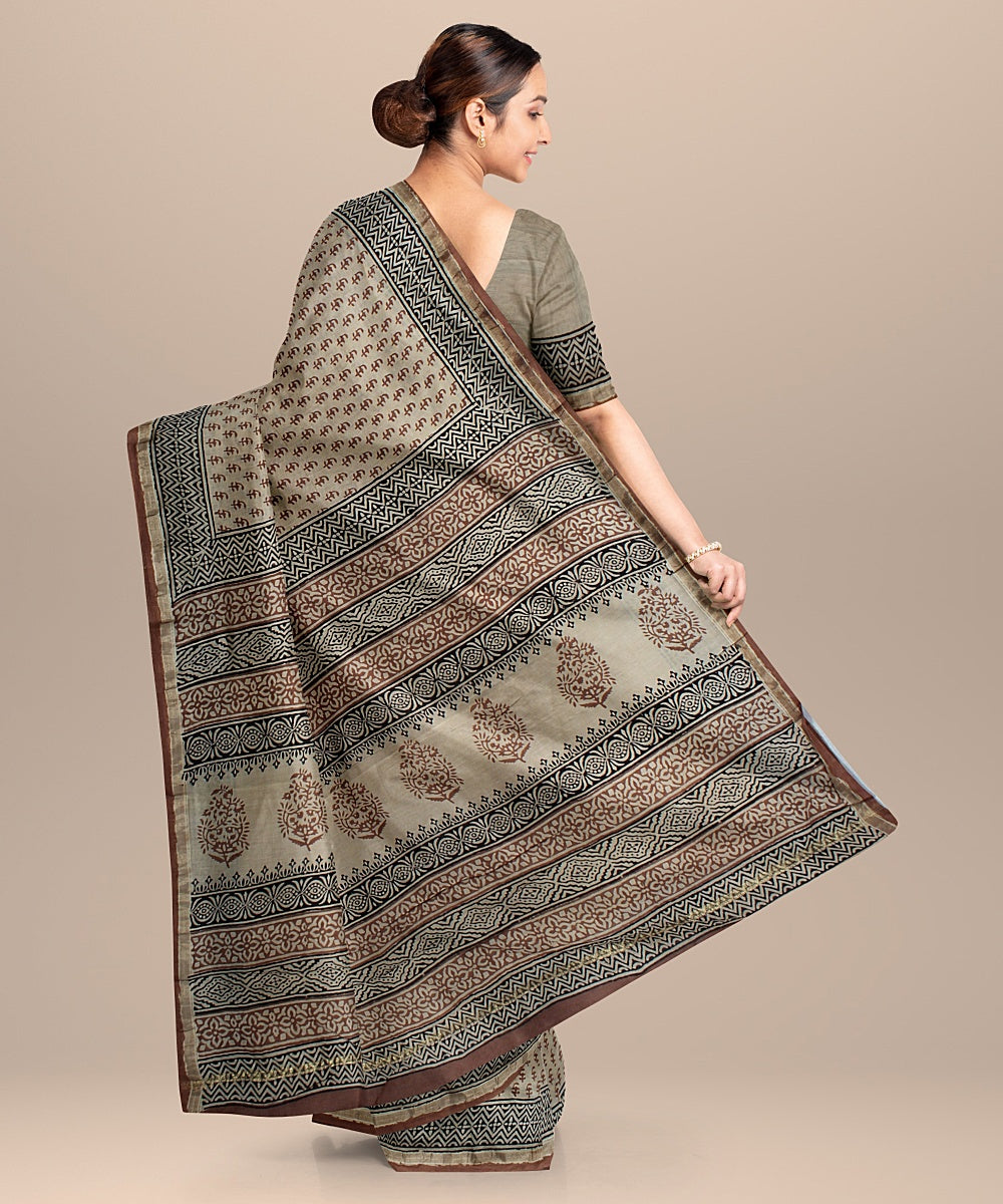 beige black cotton silk chanderi hand printed saree