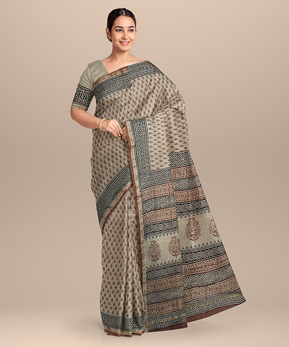 beige black cotton silk chanderi hand printed saree
