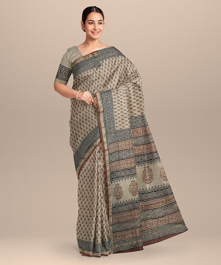 beige black cotton silk chanderi hand printed saree