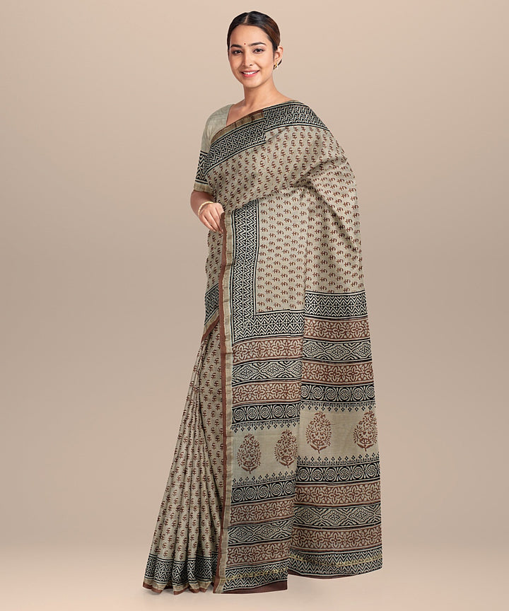 beige black cotton silk chanderi hand printed saree