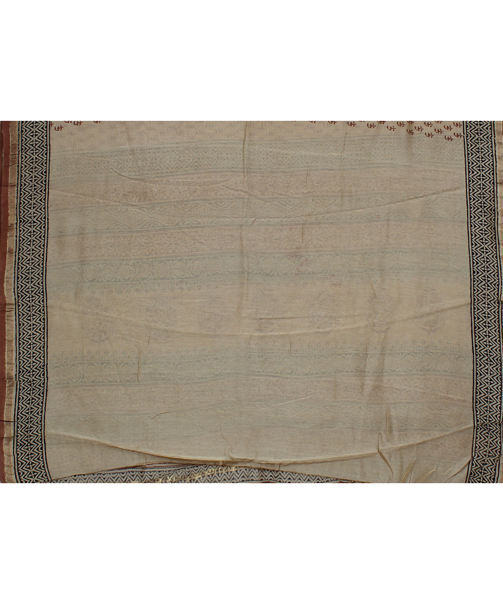 beige black cotton silk chanderi hand printed saree