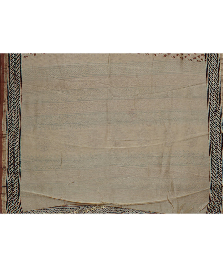 beige black cotton silk chanderi hand printed saree