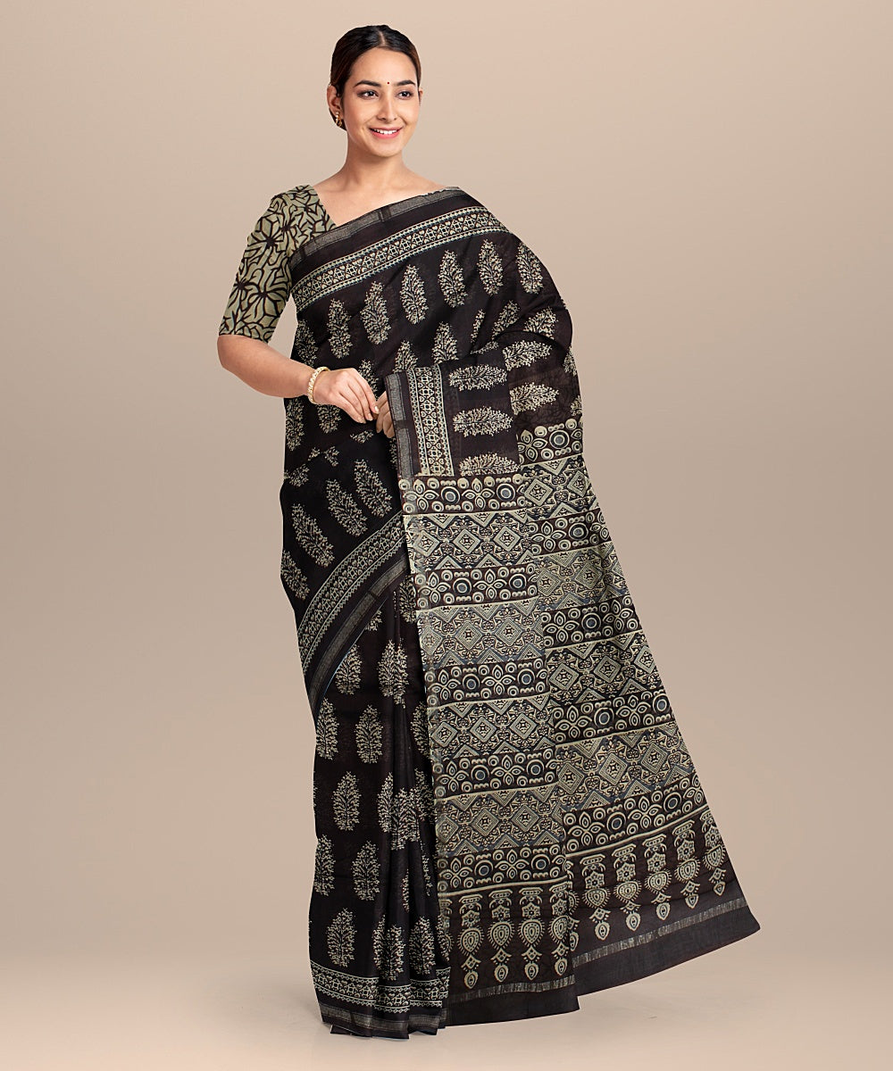 black offwhite cotton silk chanderi hand printed saree