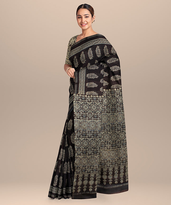 black offwhite cotton silk chanderi hand printed saree