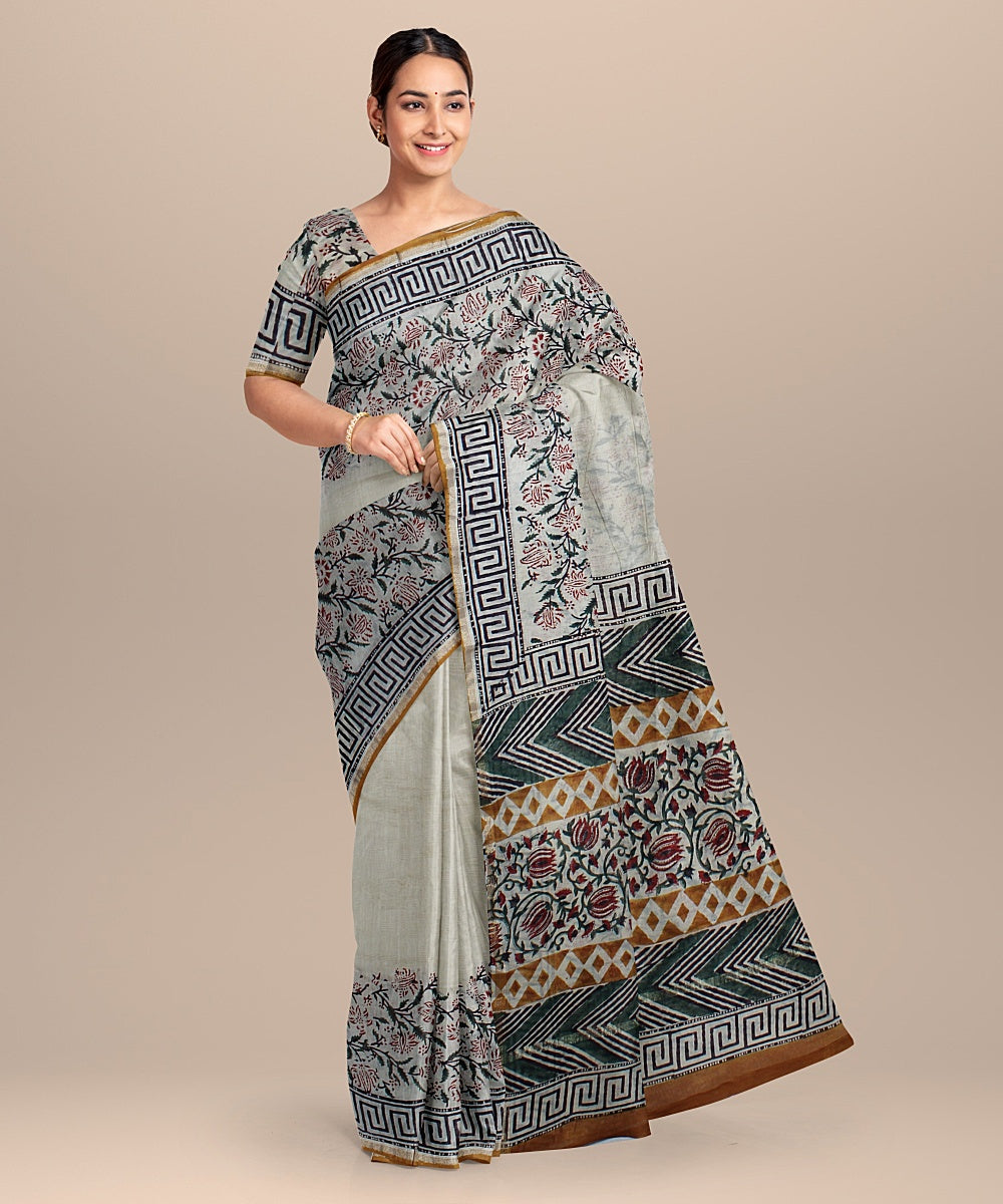 offwhite black cotton silk printed chanderi saree