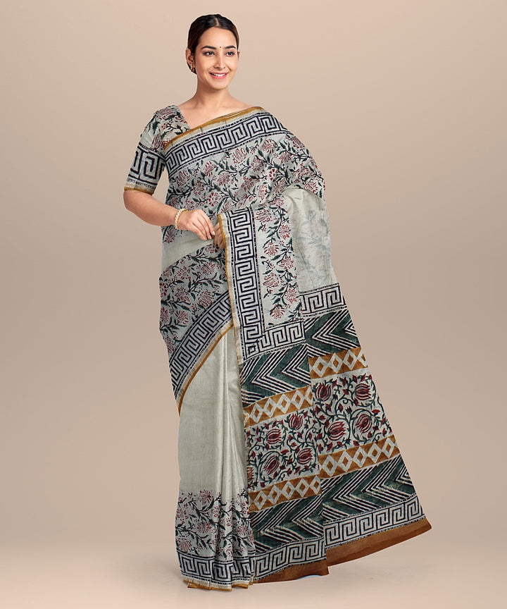 offwhite black cotton silk printed chanderi saree