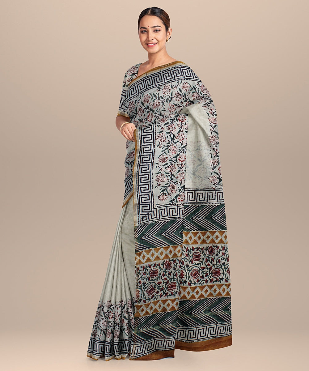 offwhite black cotton silk printed chanderi saree