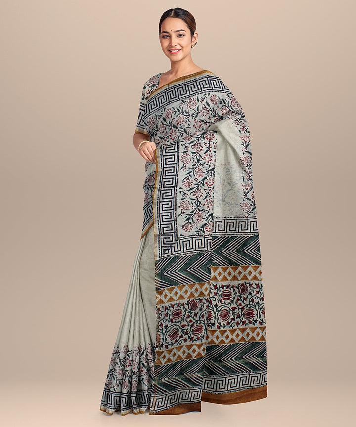 offwhite black cotton silk printed chanderi saree