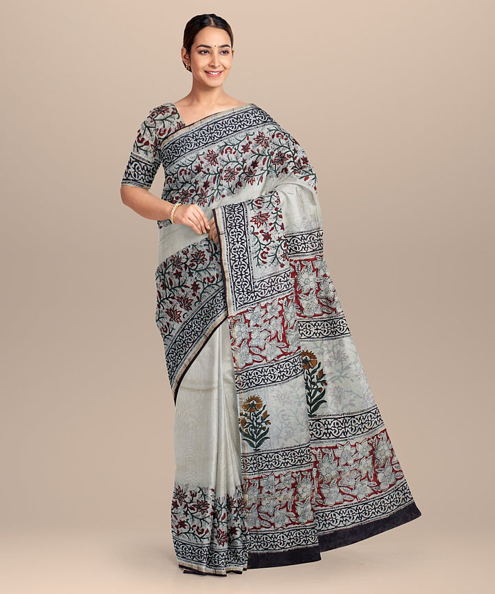 offwhite black red cotton silk printed chanderi saree