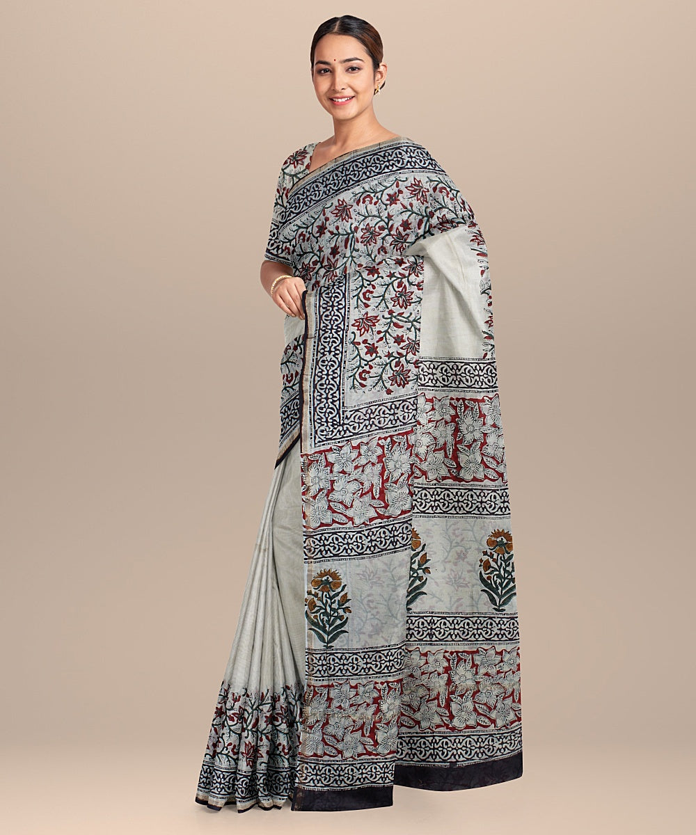 offwhite black red cotton silk printed chanderi saree