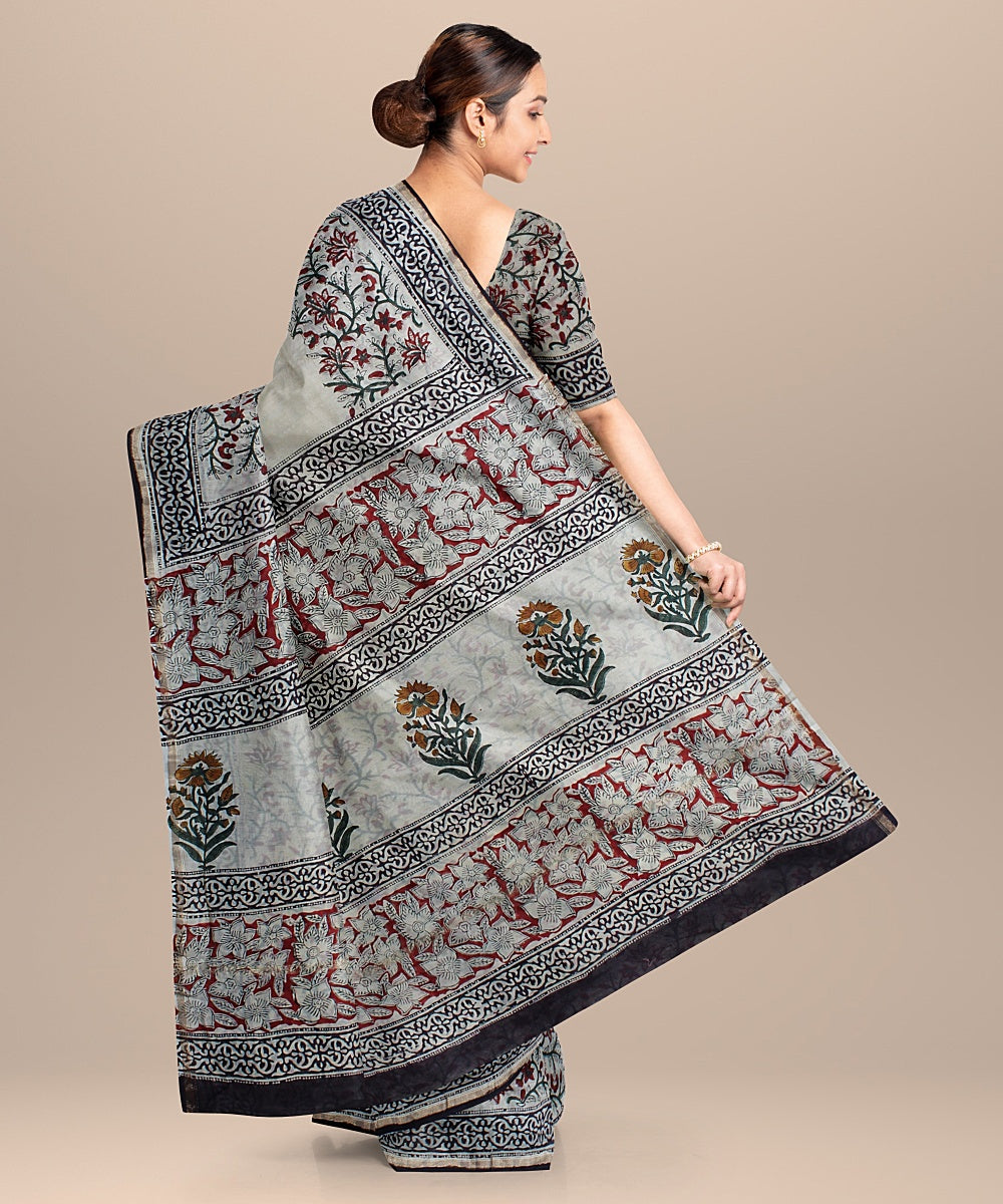 offwhite black red cotton silk printed chanderi saree