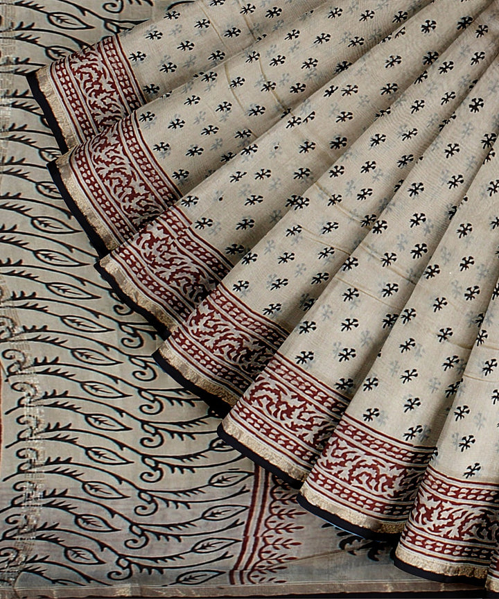 cream black hand printed chanderi cotton silk saree