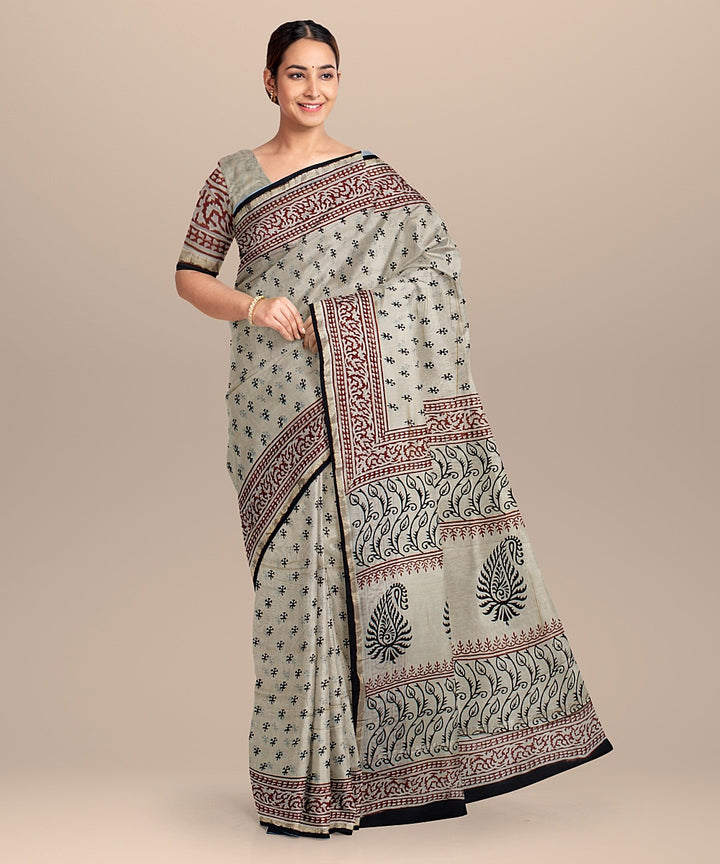 cream black hand printed chanderi cotton silk saree