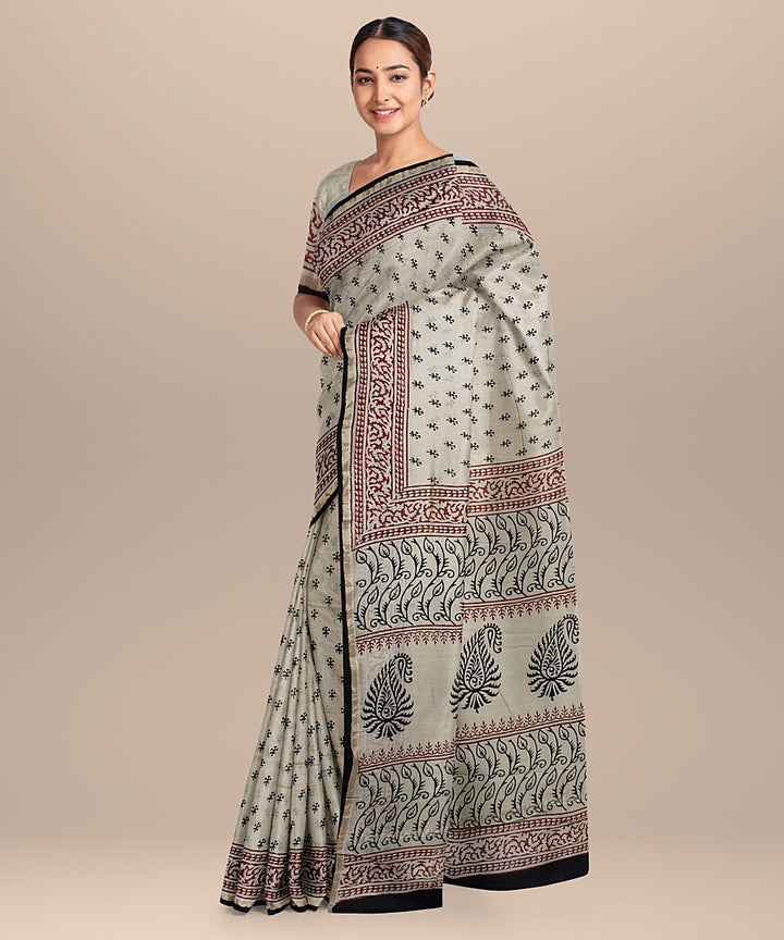 cream black hand printed chanderi cotton silk saree