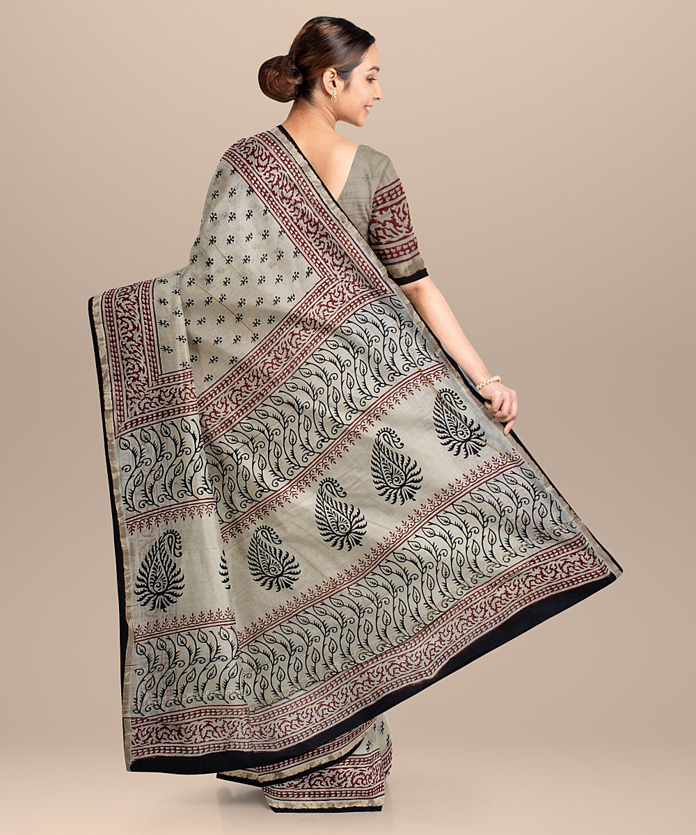 cream black hand printed chanderi cotton silk saree