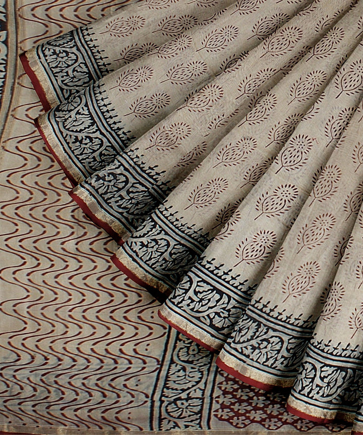 cream red black cotton silk hand printed chanderi saree