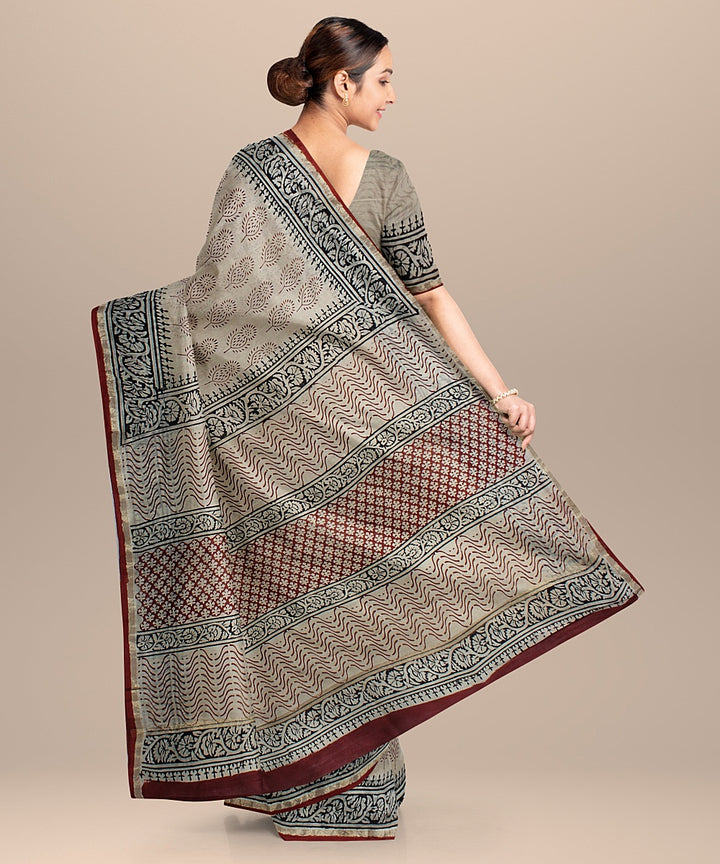 cream red black cotton silk hand printed chanderi saree