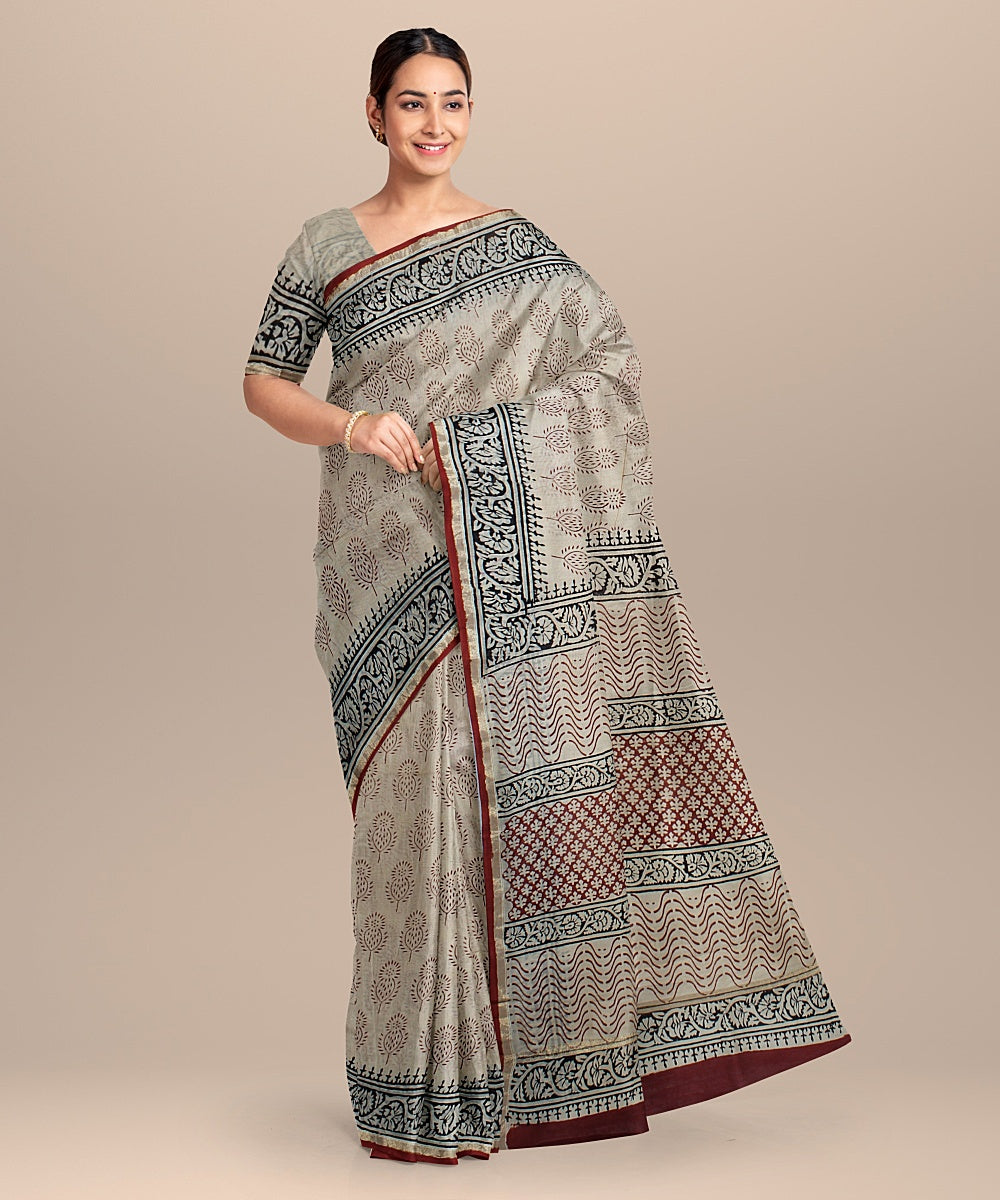 cream red black cotton silk hand printed chanderi saree