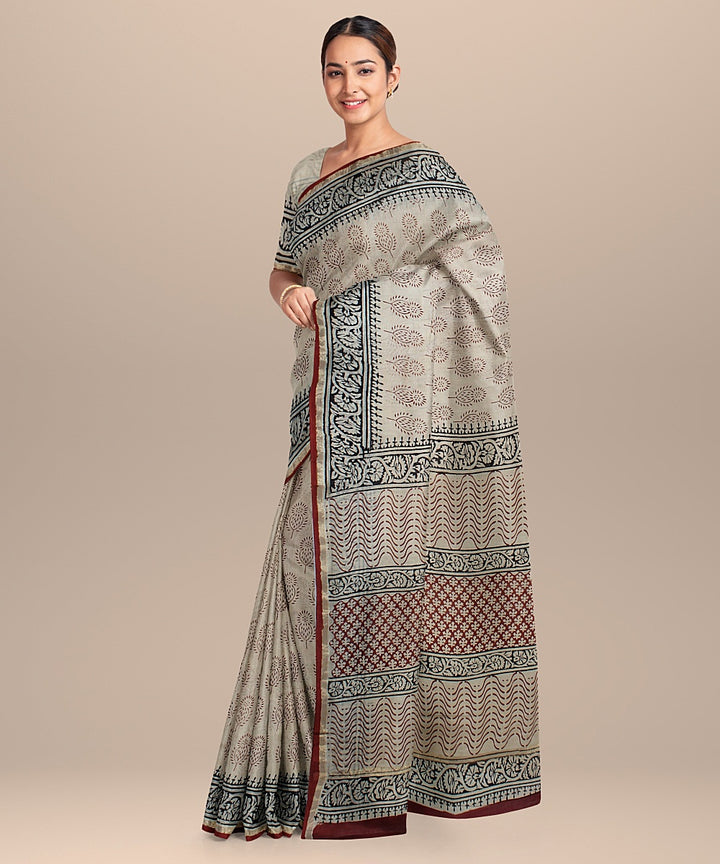 cream red black cotton silk hand printed chanderi saree