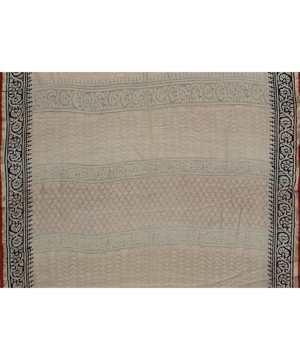 cream red black cotton silk hand printed chanderi saree