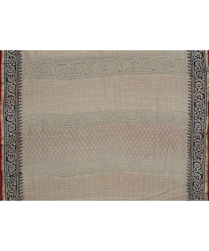 cream red black cotton silk hand printed chanderi saree