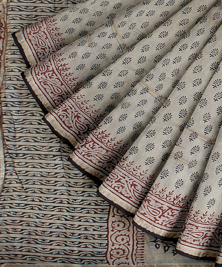 offwhite black red cotton silk hand printed chanderi saree