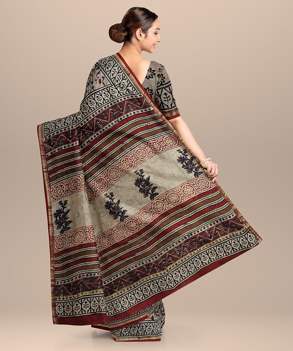 maroon black chanderi cotton silk hand printed saree