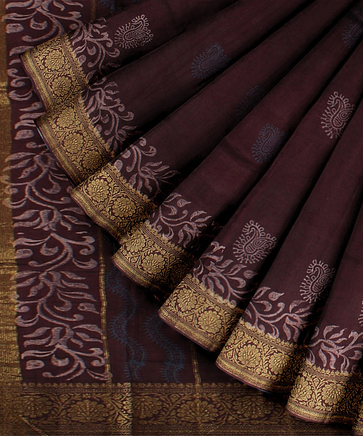 Maroon zari cotton silk hand block printed chanderi saree