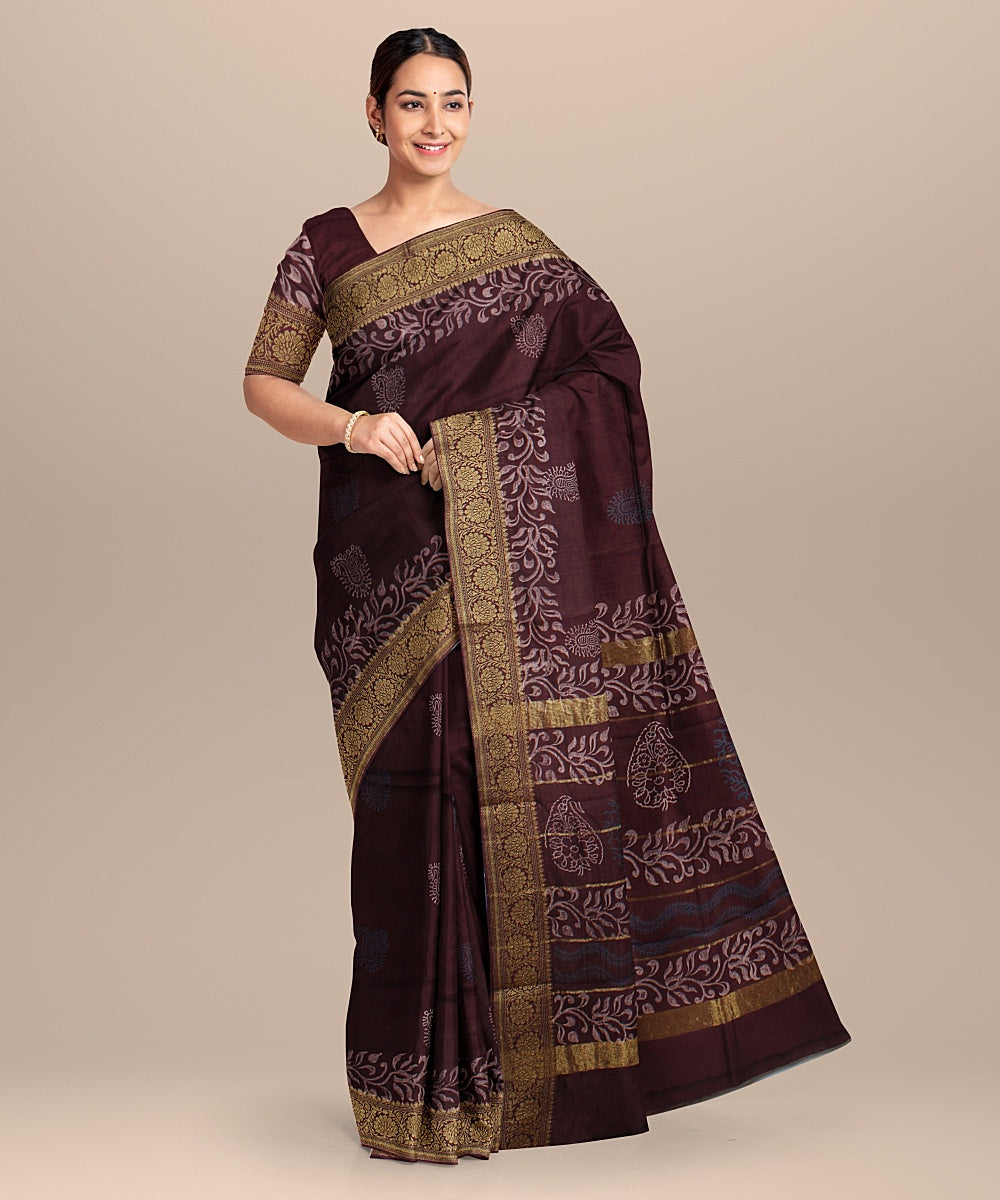 Maroon zari cotton silk hand block printed chanderi saree