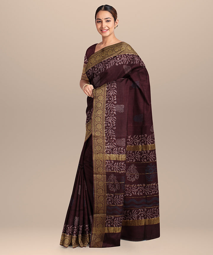 Maroon zari cotton silk hand block printed chanderi saree