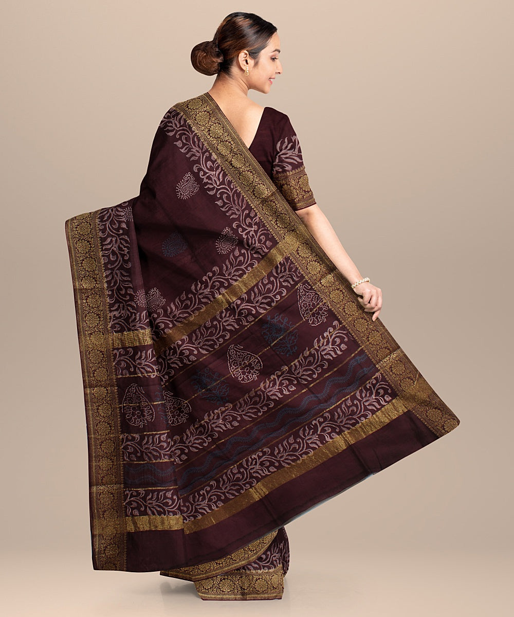Maroon zari cotton silk hand block printed chanderi saree