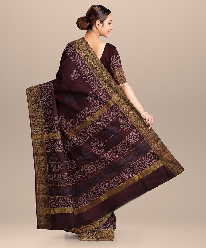 Maroon zari cotton silk hand block printed chanderi saree