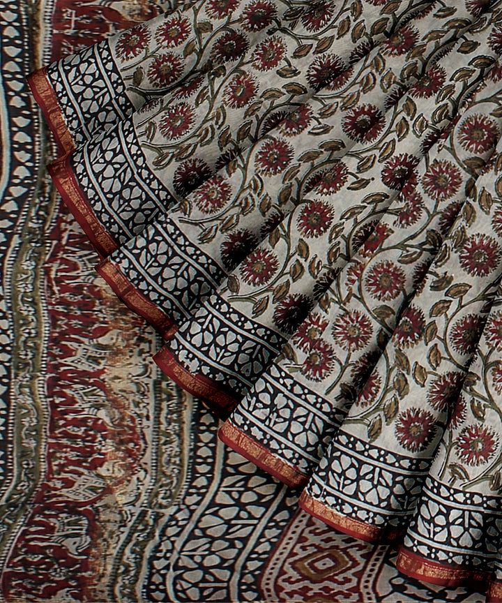 maroon black cotton silk hand printed chanderi saree