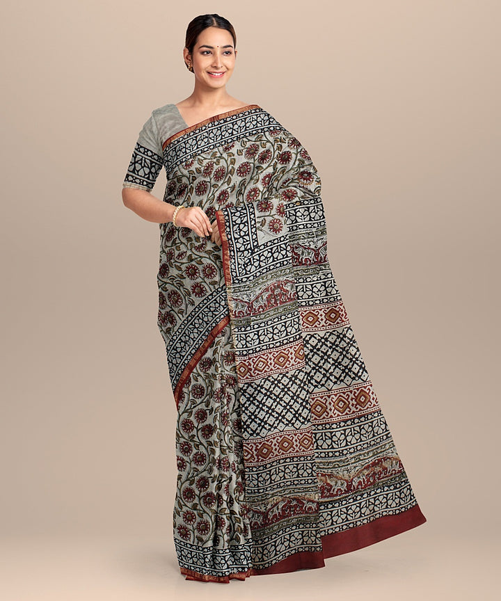 maroon black cotton silk hand printed chanderi saree