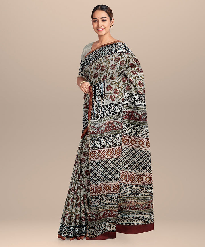 maroon black cotton silk hand printed chanderi saree