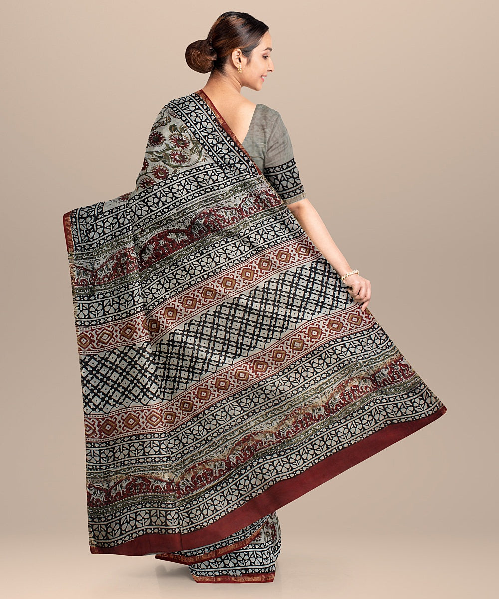 maroon black cotton silk hand printed chanderi saree