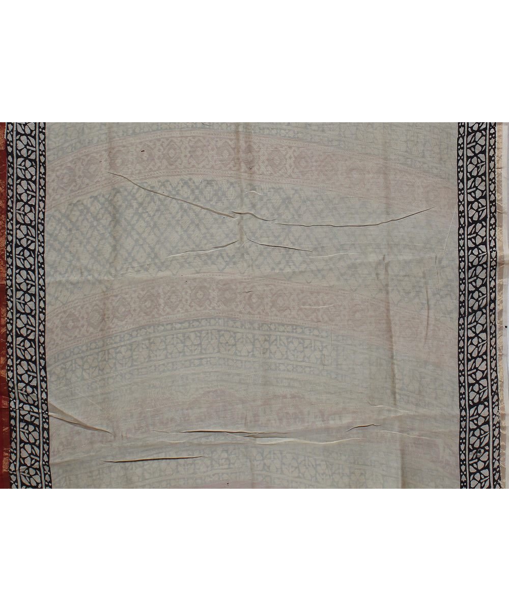 maroon black cotton silk hand printed chanderi saree