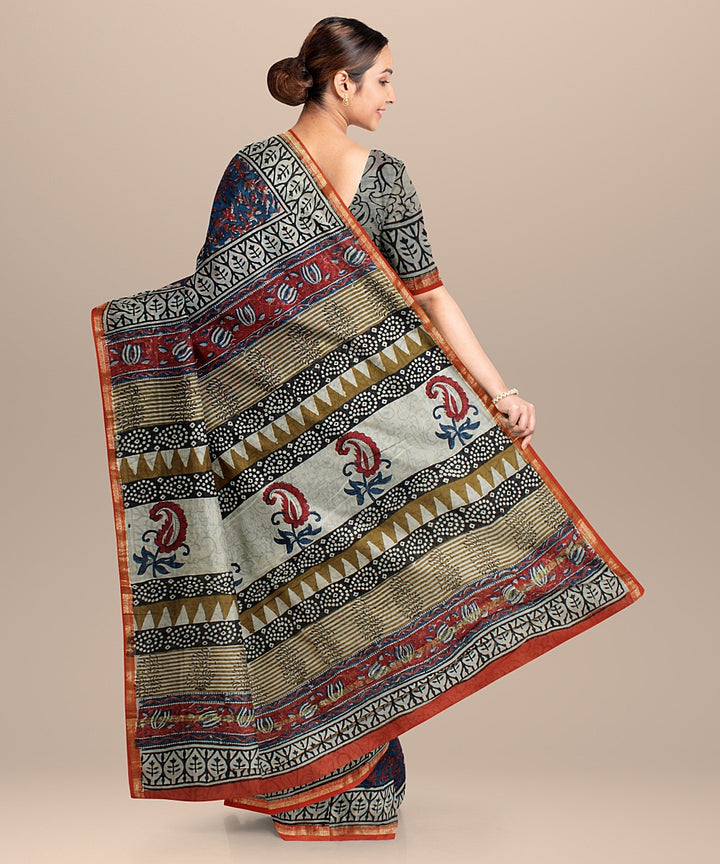 navy blue offoffwhite cotton silk hand printed chanderi saree